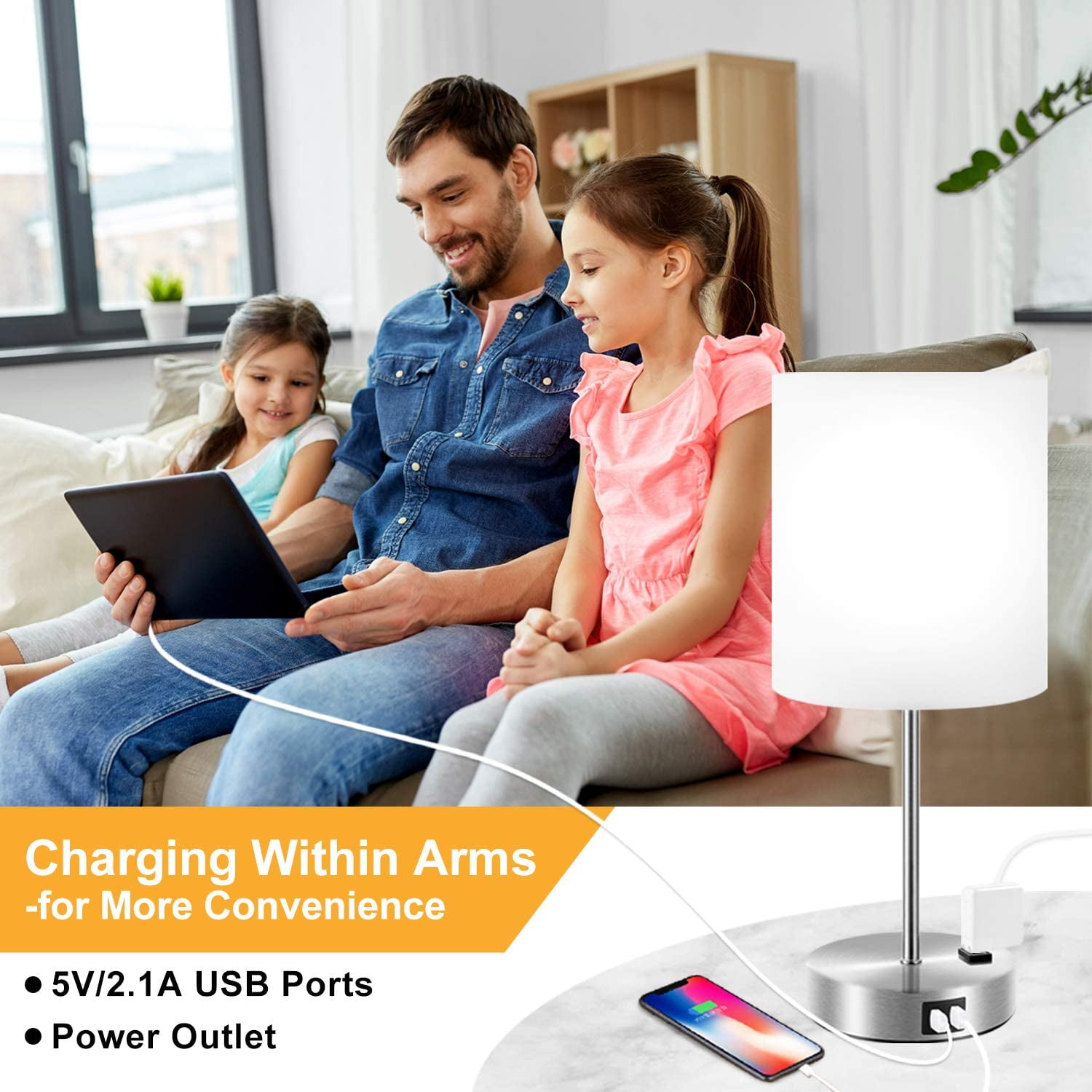 Touch Control Table Lamp with 2 Fast Charging USB Ports and Power Outlet Silver 60W LED Bulb Included 3-way Dimmable Lamp Modern Bedside Lamp Nightstand Lamp for Bedroom Living Room Office Reading