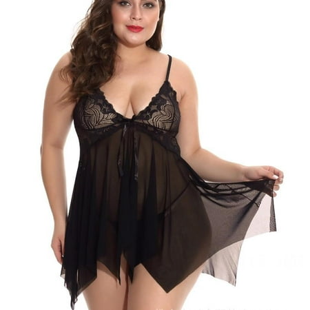 

SUANMAY Womens Plus Size Irregular Deep V Neck Lingerie Babydoll Chemise Sleepwear Black 2XL