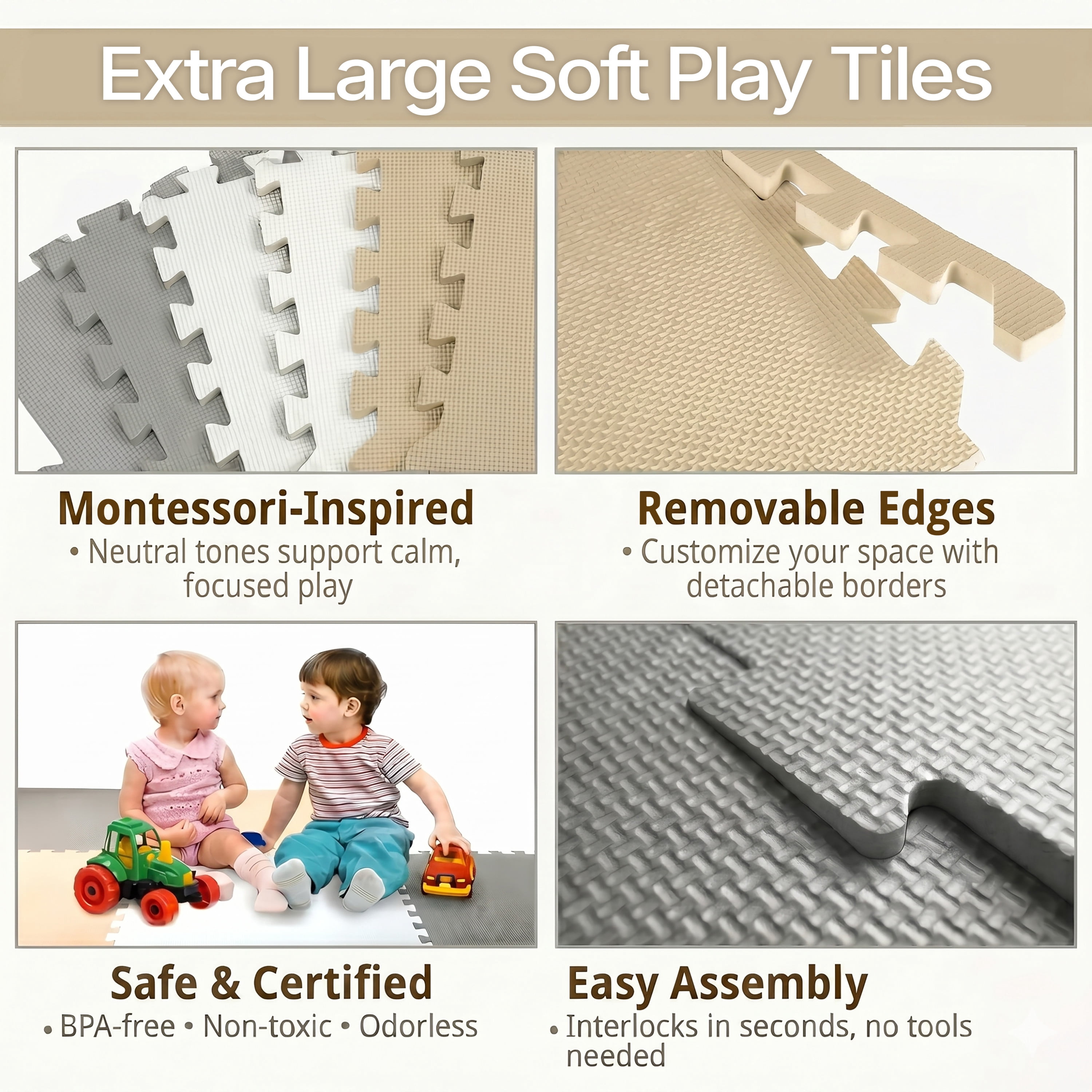 FlooringInc's Rainbow & Natural Harmony Playmat - Kid Safe Foam Floor Tiles with Removable Edges - 2'x2', 1/2" Thick (Earthy, 6 Tile Pack)