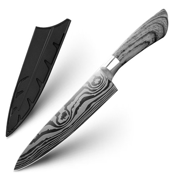 Japanese Chef Knife 8" Kitchen Knife with Cover High Carbon Steel Damacus Laser Slicing Knife ABS Damascus Coated Handle Cooking Tool for Cuttng Meat Vegetable