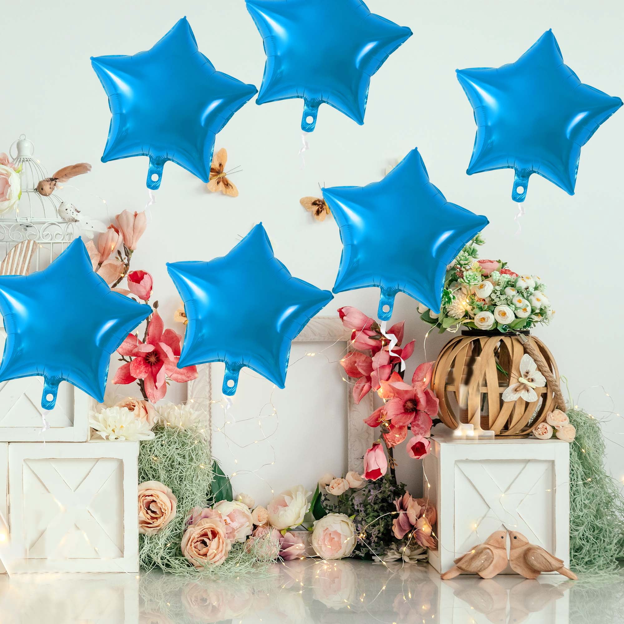 Unique Bargains 10Pcs Helium Balloons with Ribbon Star Pattern Blue