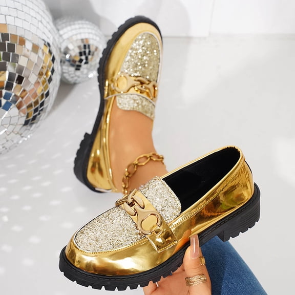 Crunowin Women's Flat Loafers Sequin Design Round Toe Low Heel Comfortable Casual Shoes Gold Size7