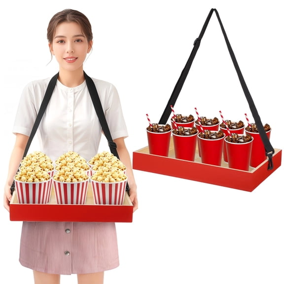 Wooden Snack Tray with Strap, Handheld Serving Tray with Adjustable Shoulder Strap, Movie Popcorn Beverage Carrier, Vintage Red Drinking Holder for Parties and Picnics