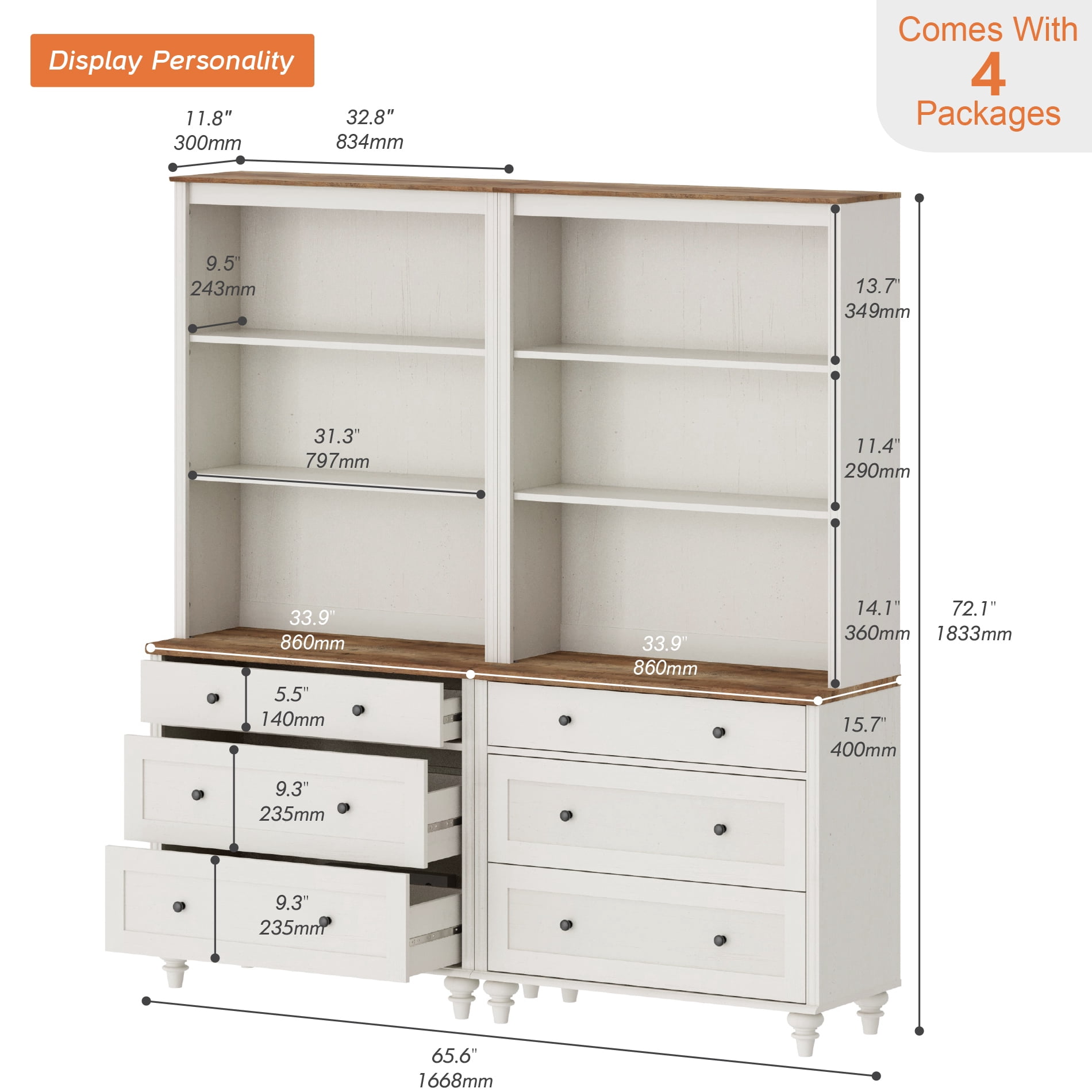 72" Bookshelf with 3 Drawers, Tall Bookcase Large Display Book Case Shelf with 3 Tier Open Book Shelves，Library Wooden Bookshelves for Living Room,Office, Bedroom, White (2PCS)
