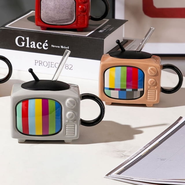 Ceramic Square Coffee Cup Set with Straw and Lid Office Tea Cup Retro TV - Chocolate,1 x Coffee Cup