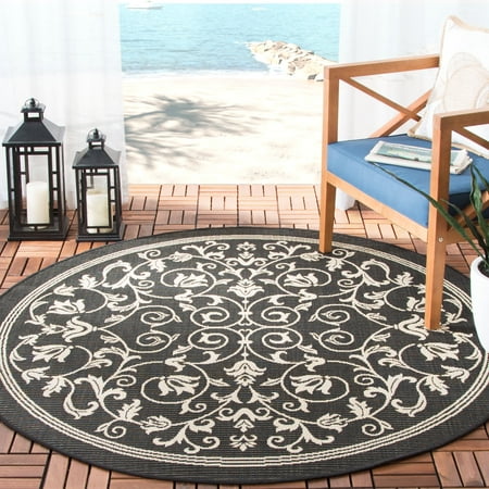 Safavieh Courtyard Nanda Botanical Indoor/Outdoor Area Rug Black/Sand 6 7 x 6 7 Round