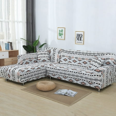 Couch Pillow Slipcovers Sofa Covers for L Shape, 2pcs Polyester Fabric Stretch Slipcovers + 2pcs Pillow Covers for Sectional sofa L-shape Couch - Gray Geometric pattern ()