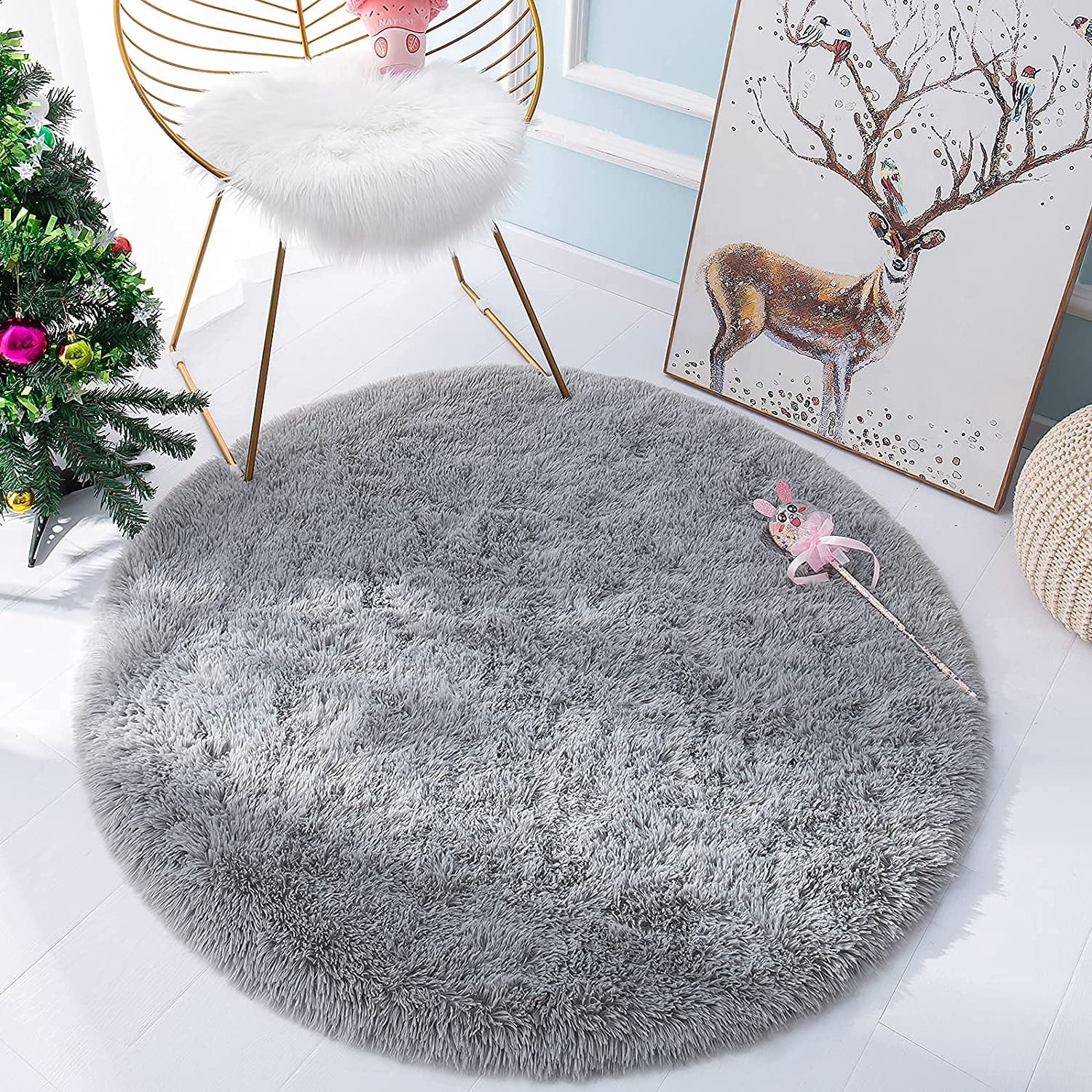DweIke Round Rug for Bedroom,Soft Shaggy Area Rugs for Living Room Decor,Fluffy Circle Carpets for Nursery,6'x6',Gray