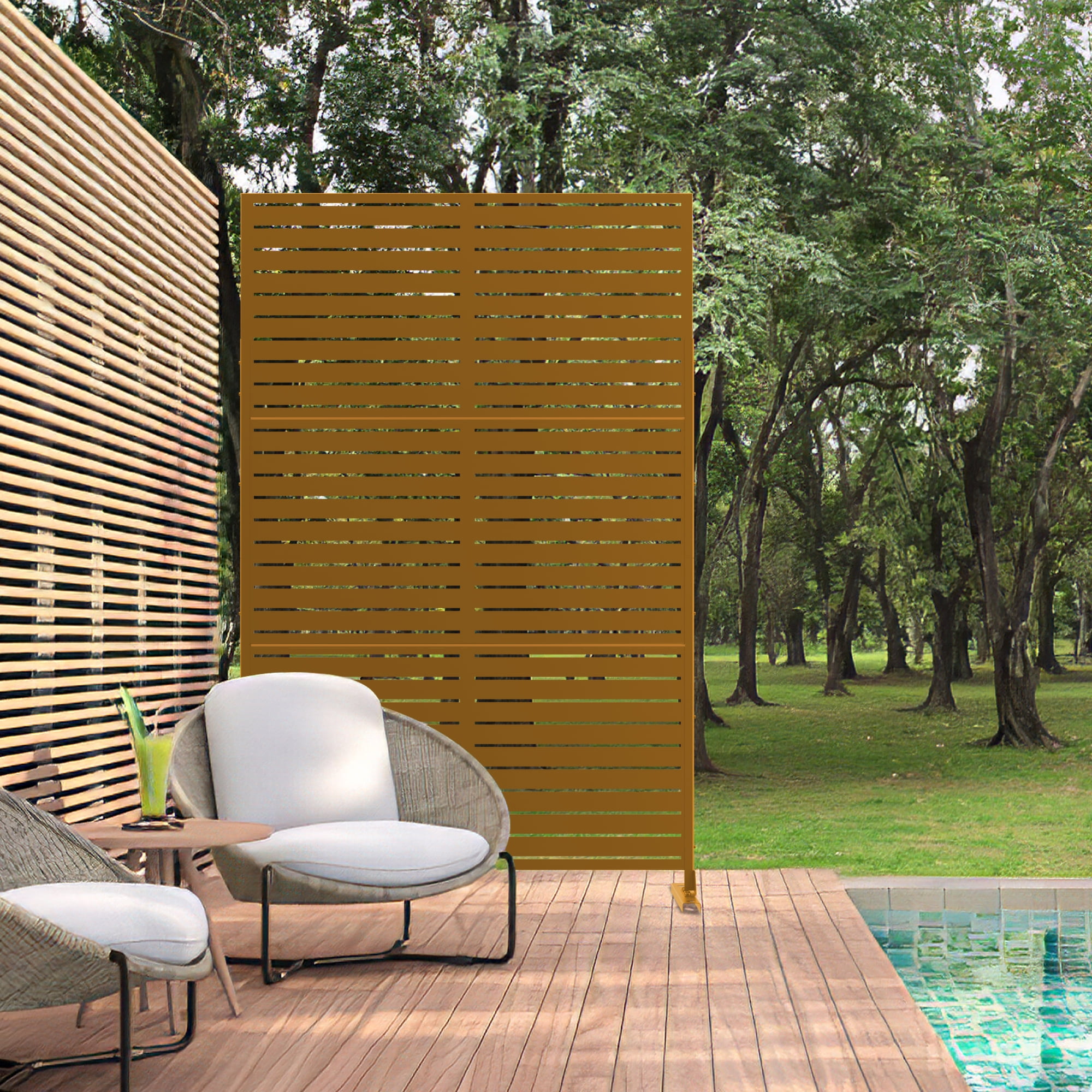 MAYEERTY 72×47" Outdoor Brown Metal Privacy Panel Screen for Backyard & Garden, Louvered Pattern