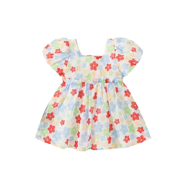 xiaxaixu Robes de Fille Enfants, Manches Courtes Col Carré Imprimé Floral Volantée Princesse une-Doublée Robe de Taille Haute 9M-3Y