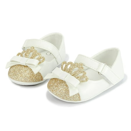 

Baby Girls Mary Jane Flats Infant Non-Slip Soft Sole Sequins Crown Prewalkers PU Leather Newborn Bowknot Princess Wedding First Walkers 0-18M