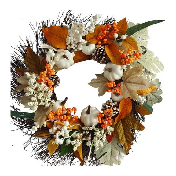 Hvmvliv Fall Wreaths for Front Door(35cm) Thanksgiving Maple Leaf Fruit Wreath White Maple Leaf Pumpkin Decoration Wall Window Door Hanging Decorations A