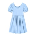 thumbnail image 5 of MKOSPLRT Girls Puff Short Sleeve Summer Dress Kids Casual Crew Neck Cross Back A-Line Dresses Solid Knee Length Dress Blue 14-15 Years, 5 of 8
