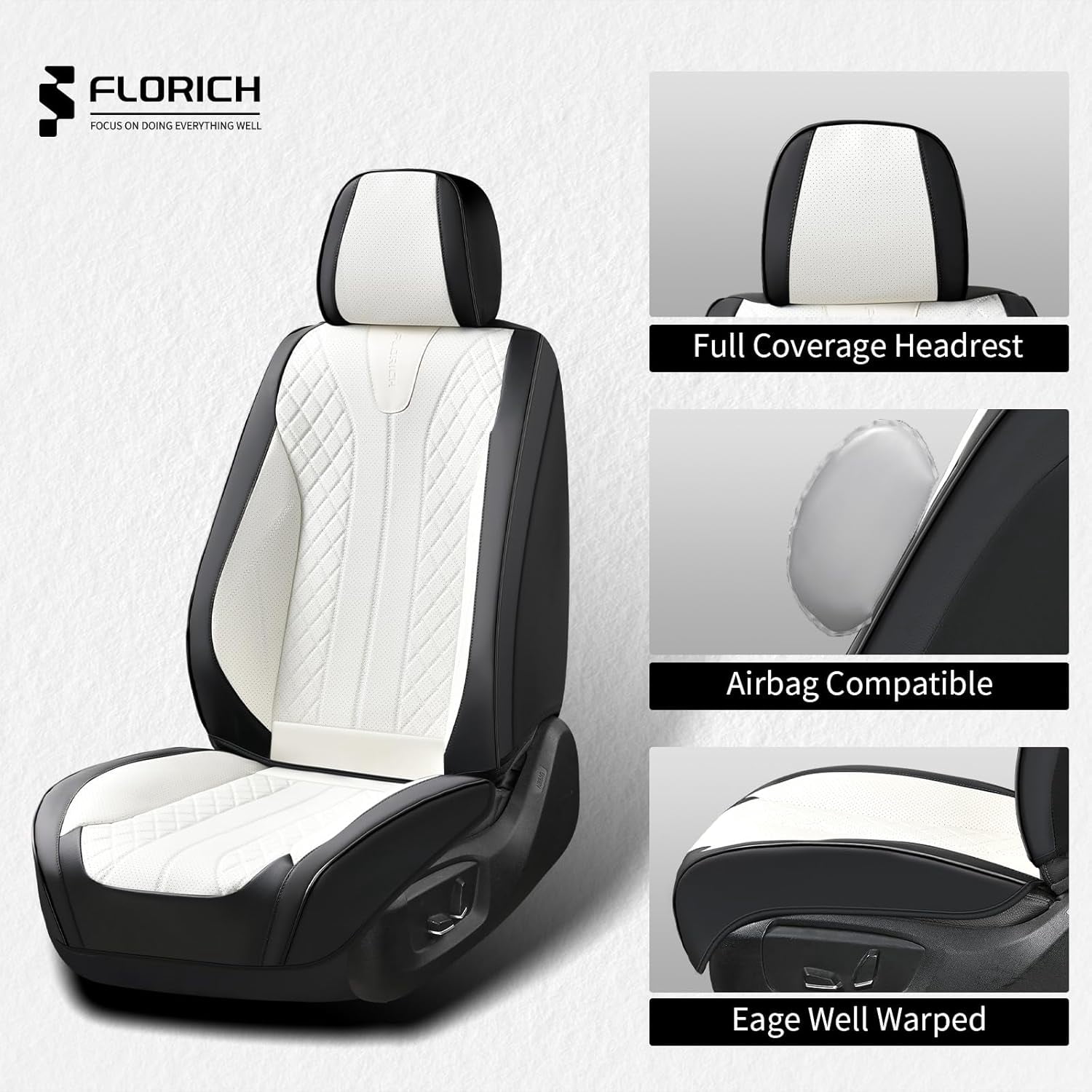 FLORICH Front Pair Car Seat Covers, Premium Faux Leather Seat Protectors, Breathable Material Cushions Universal Fit for Most Cars, Black & Withe