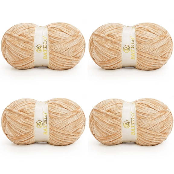 BATELO Velvet Chenille Yarn for Crocheting & Knitting 1440 Yards, Soft Thick Fluffy Bulky Blanket Yarn, 4 Pack of 10.5oz (Tan)