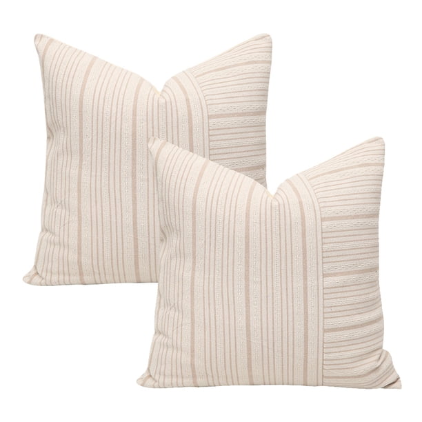 Fundas de almohada de retazos grises y beige, 45 x 45 cm, paquete de 2 fundas de almohada decorativas de lino a rayas