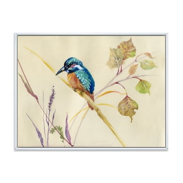 Common Kingfisher Bird On Branch 32 in x 24 in Framed Painting Canvas Art Print, by Designart