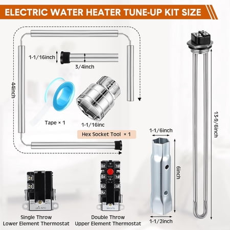 3 Pcs Electric Water Tune-Up Kit Two 4500W 240V Water Elements Two Water Thermostat with Magnesium Water 44'' Water Anode Rod and RV Water Element