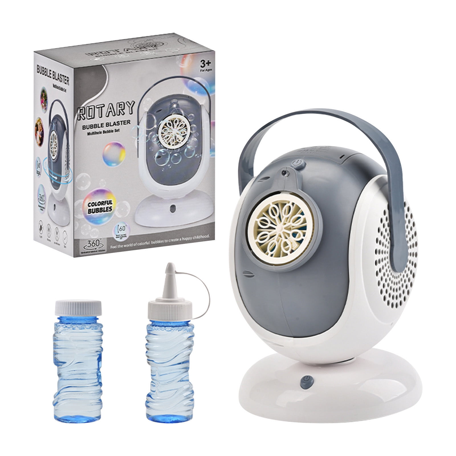 Automatic Rotating Bubble Blower, Multi Hole LED Light Bubble Machine with 360 Degree Rotation and Bubble Solution for Party Festival Outdoor Events (Gray White)