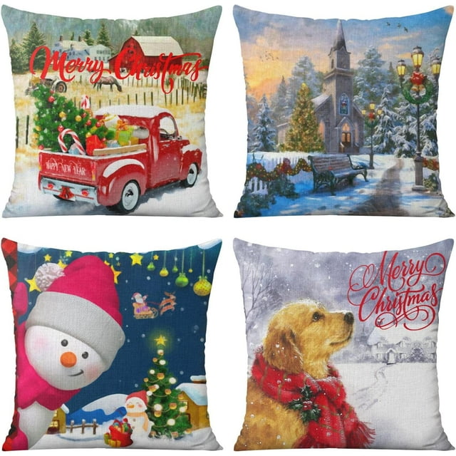 Christmas Pillow Covers 20x20 Set of 4 Double Sided Printing Linen