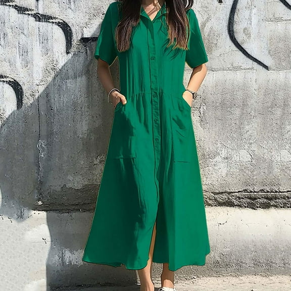 ITSAME Women's Midi Dress, Solid Color Loose Plus Size Short Sleeve Causal Shirt Dresses with Pockets Green 5XL