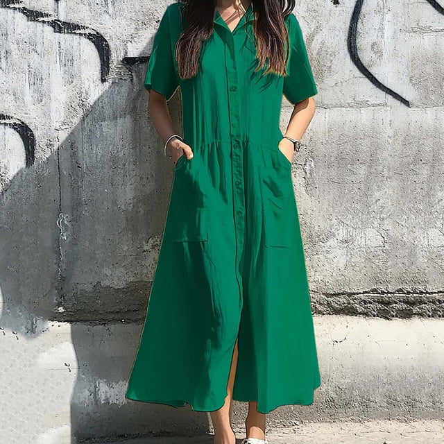 Staron Robes d'Été pour Femmes 2025 Décontractées d'Été à Manches Courtes Amples Col en V Boutonnée Longue Robe Maxi Coton Lin Plage Fête Robe d'Été