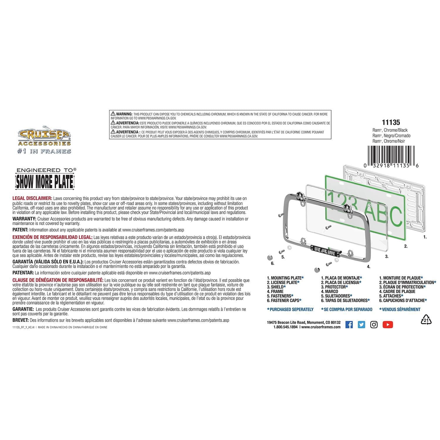 Cruiser Accessories – Cadre de plaque d’immatriculation Ram, chrome/noir