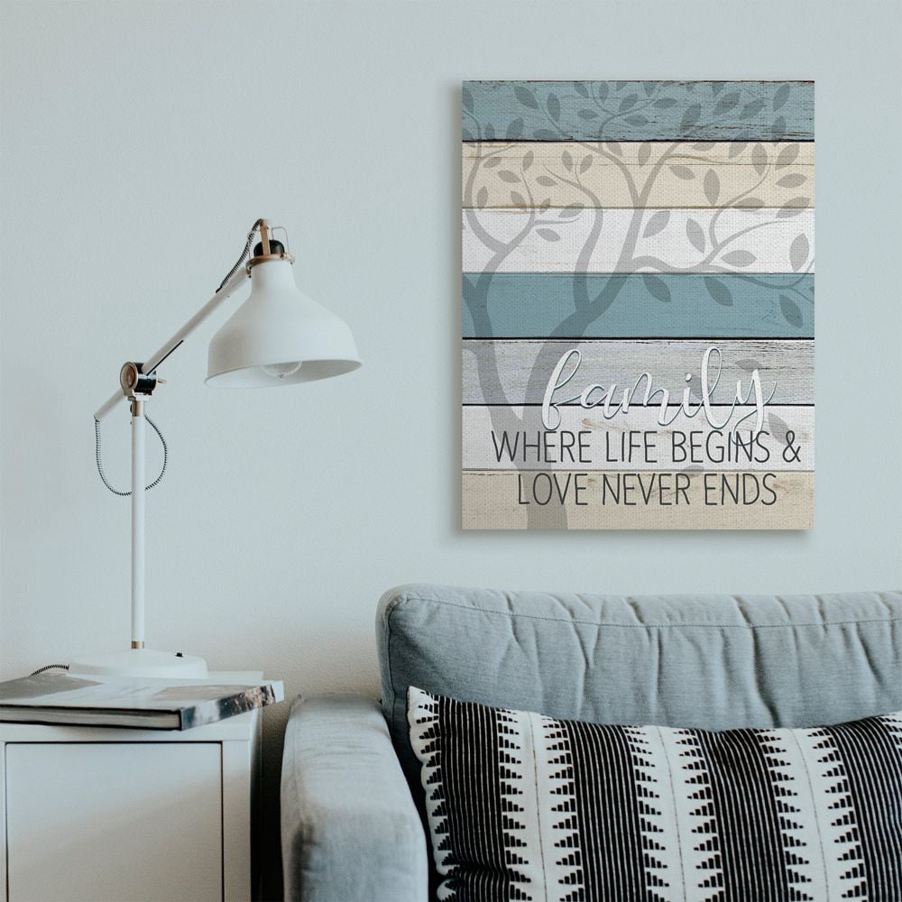 Stupell Industries Family Begin and End Quote Tree Wood Grain Blue Tan Phrase Canvas Wall Art Design by Kim Allen, 30" x 40"