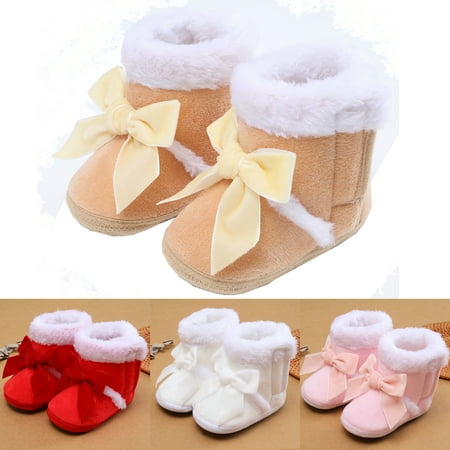 

Newborn Infant Toddler Baby Girl Bow Fleece Snow Boots Winter Warm Soft Sole Crib Shoes Booties