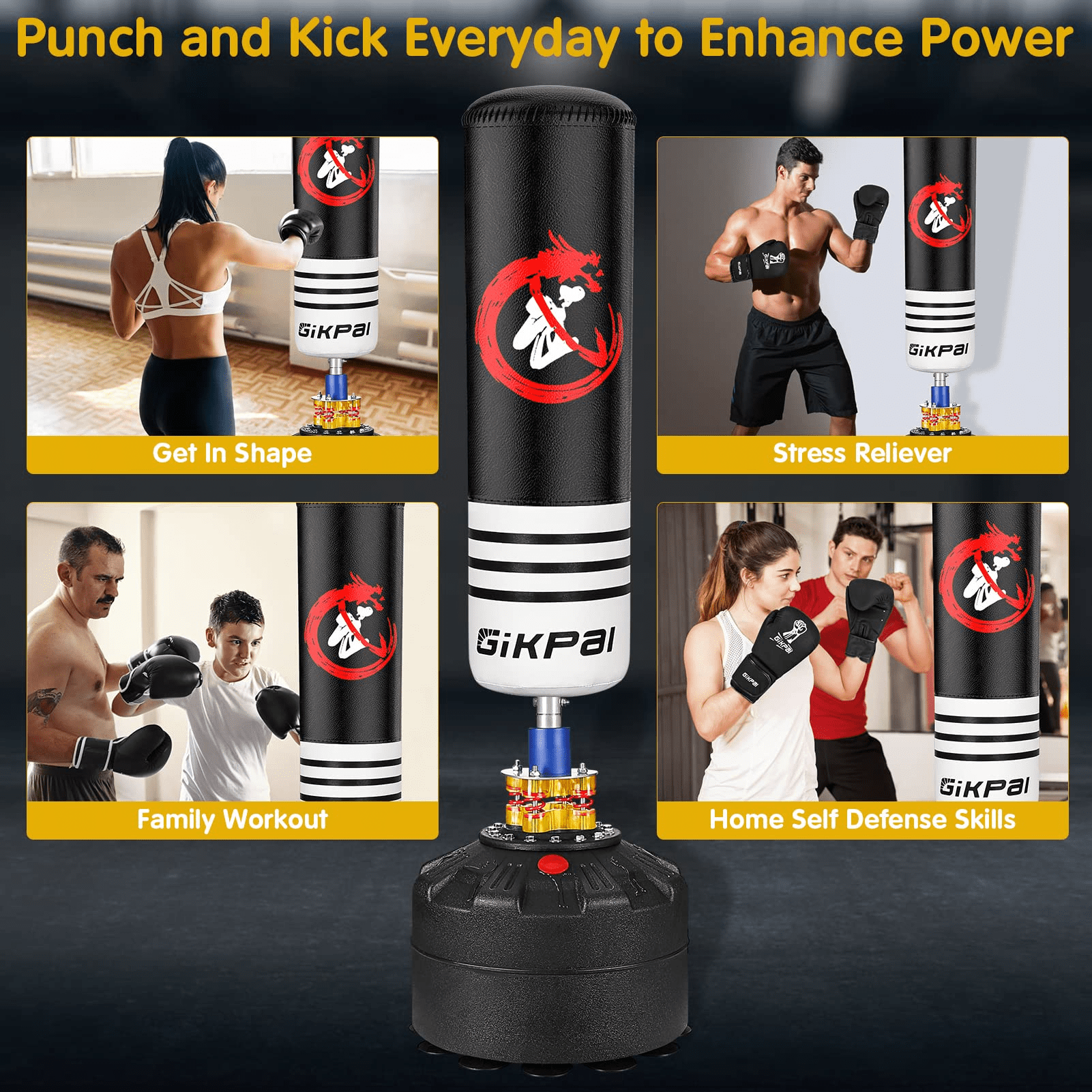 Wostoo Punching Bag, 70'' Freestanding Heavy Boxing Bag with Stand for Adult Teens Kids, Kickboxing Bag with 12 Suction Cup Base for Home Office Gym