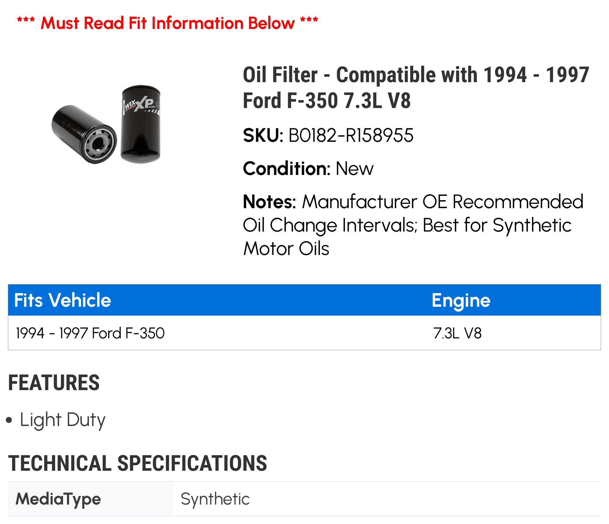 Oil Filter - Compatible with 1994 - 1997 Ford F-350 7.3L V8 1995 1996