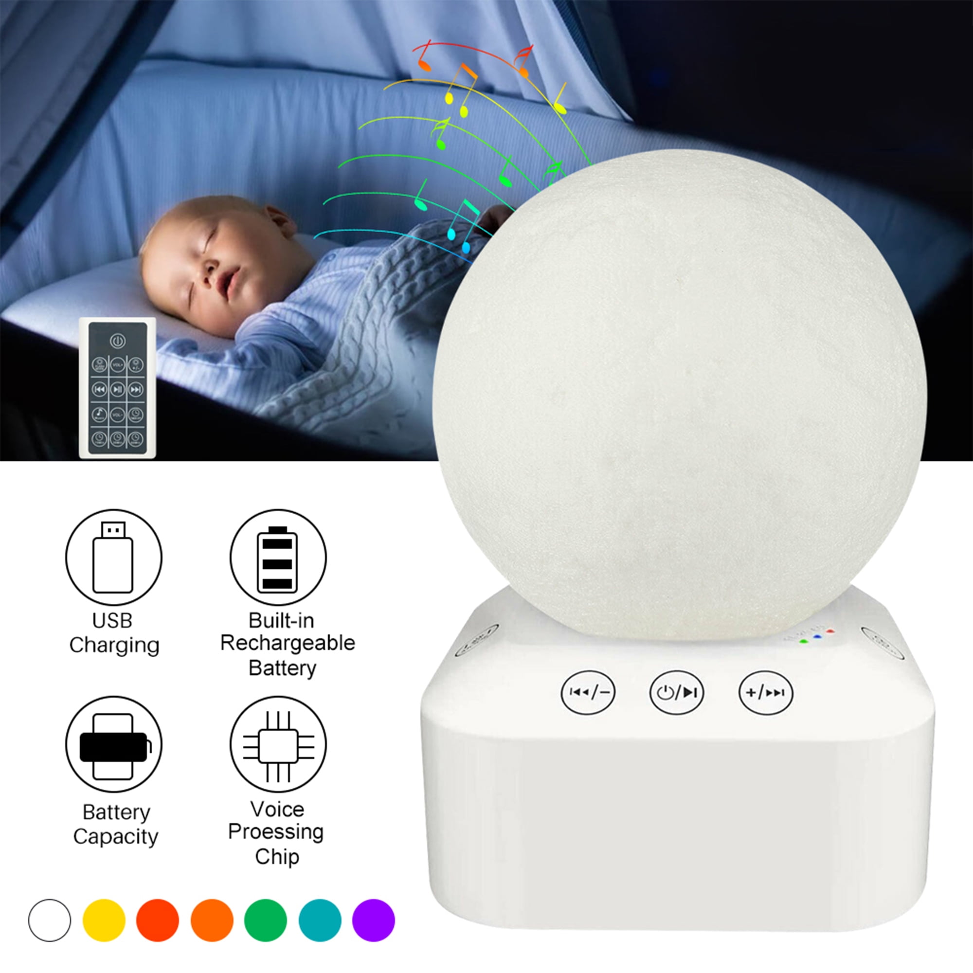 Remote Control White Noise Sound Machine with 10 Nature Sounds, 8 Colors LED Lights for Home, Office & Travel