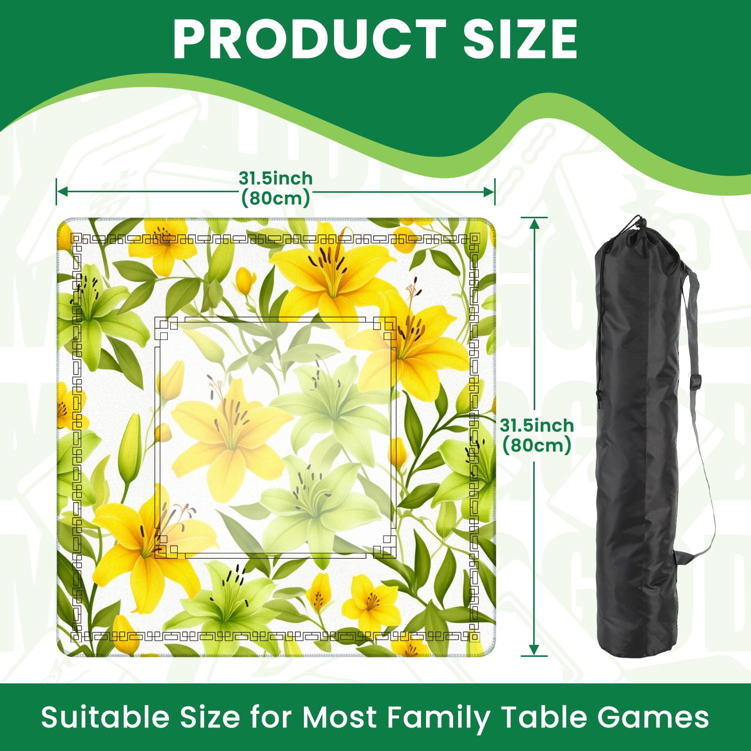 Mahjong Mat 31.5" x 31.5" Yellow Green Lily Floral Seamless Botanical Leaves Non-Slip Noise Reduction American Mahjong Tiles Table Cover for Dominoes Poker Card Board Games Gift