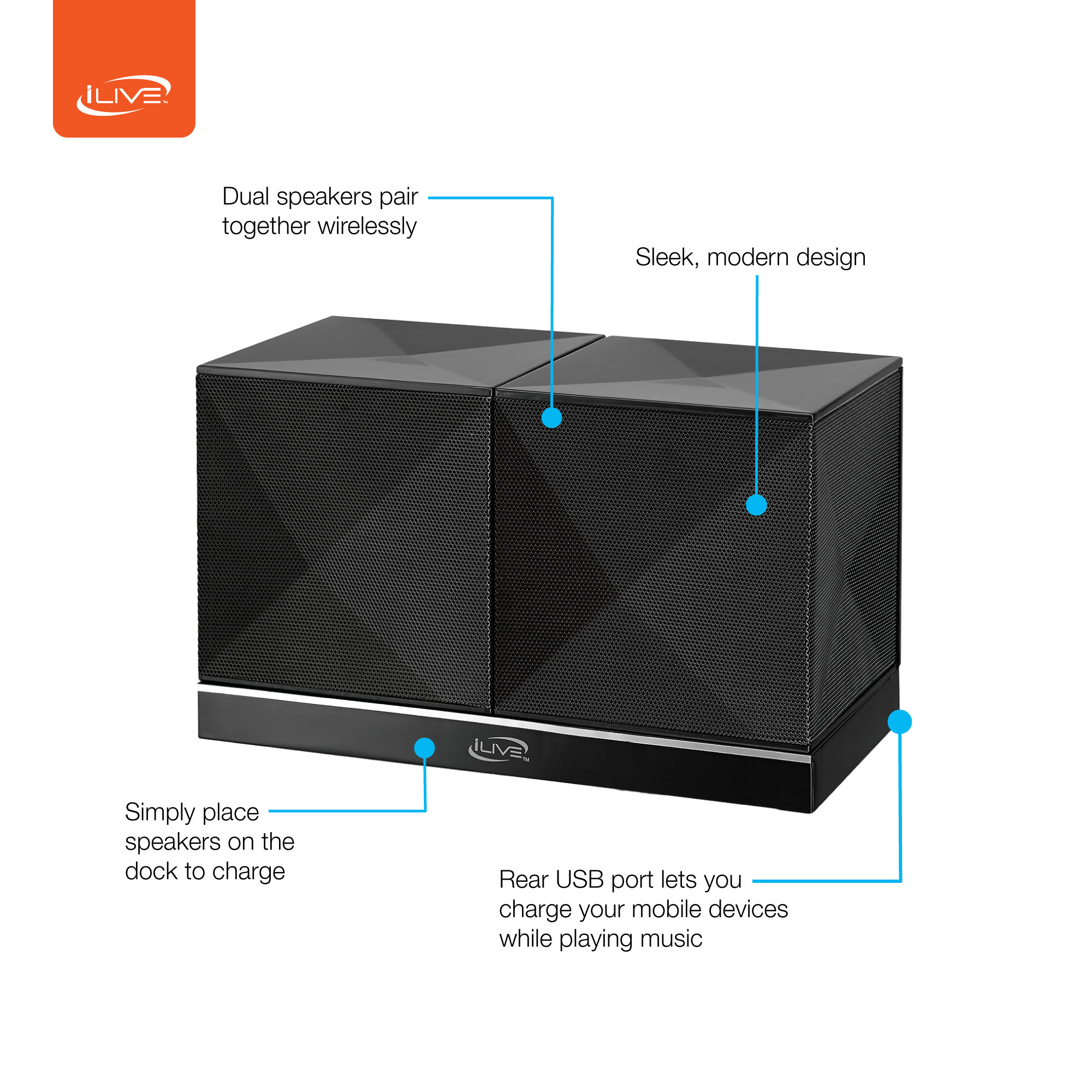 iLive v2.1 Bluetooth Wireless Speakers with Charging Station, ISB614B, Black - image 2 of 6