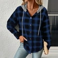 thumbnail image 2 of Womens Plaid Jackets with Hood Fashion Button Up Flannel Drawstring Hooded Cardigan Coat Loose Casual Shacket (2XL, Blue), 2 of 5