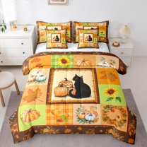 Castle Fairy Animal Black Cat 7Pcs Bedding Comforter Set for Kids Teens,Pumpkin Maple Leaves Queen Bedding Sets Super Cozy,Rustic Autumn Harvest Queen Sheet Sets,Ultra Soft Home Decor