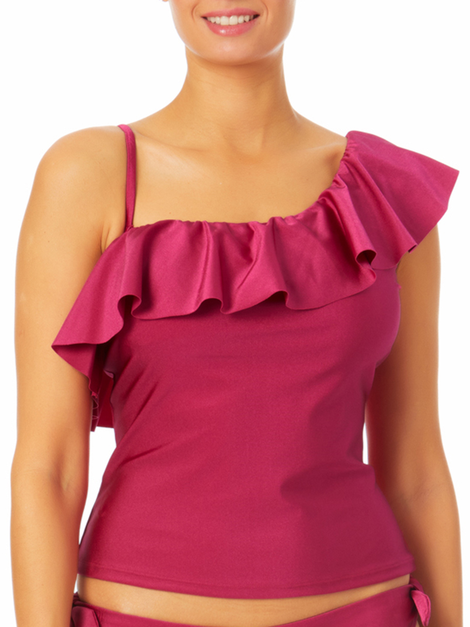 Time and Tru Women's and Women's Plus Solid Ruffle One Shoulder Tankini