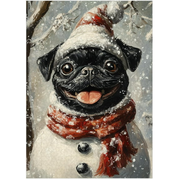 Black Pug Snowman Jigsaw Puzzle 500 Pieces for Adults - Fun Winter Holiday Gift for Pet-Loving Family in Christmas