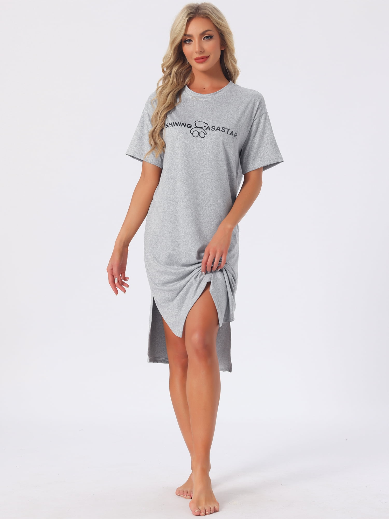 DARING DIVA Women's Rolled Cuffs Side Slit Soft Sleepwear L Grey