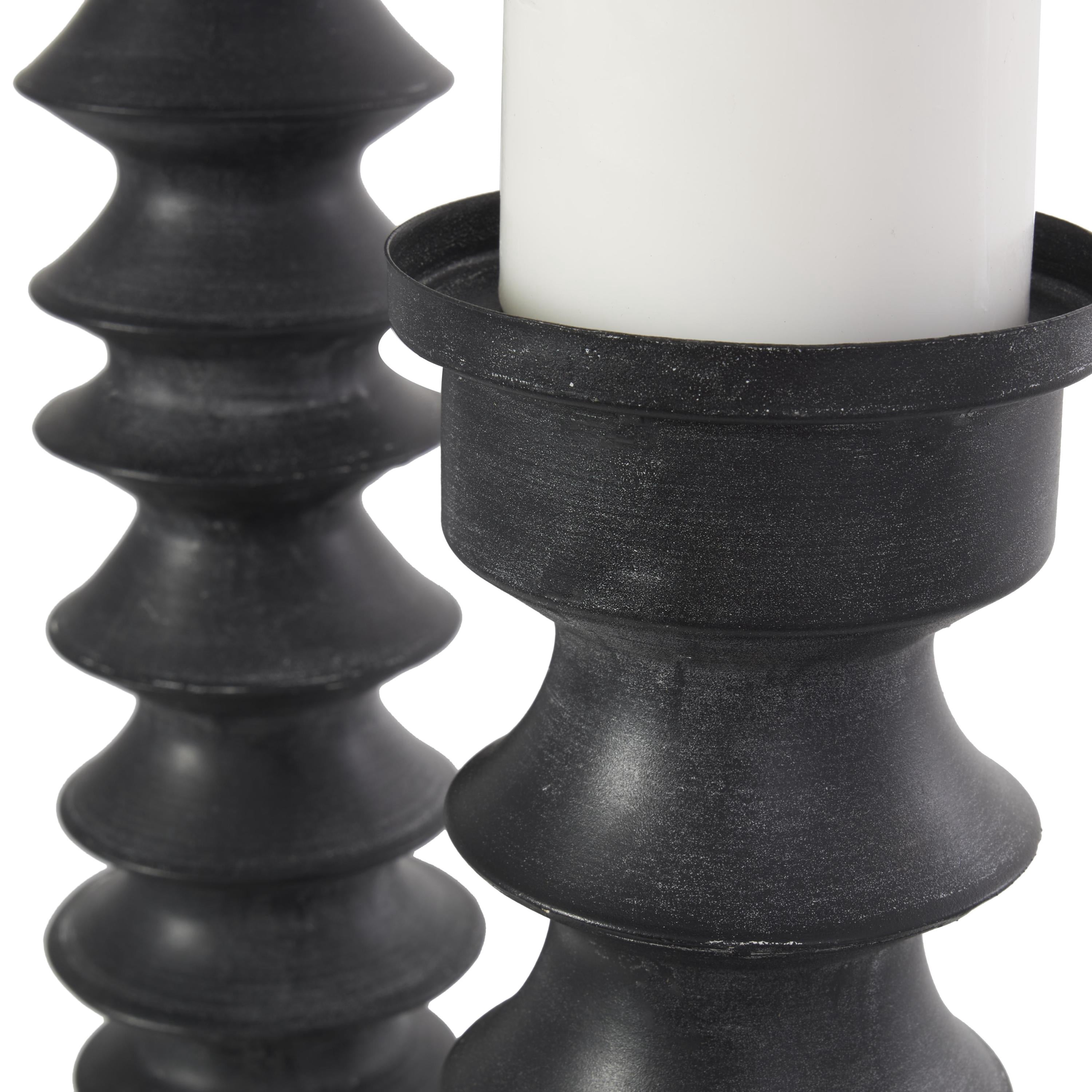 DecMode 2 Candle Black Metal Turned Style Candle Holder with Brown Wood Bases, Set of 2