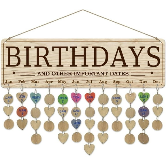 1 Set 1 Pc Wooden Family Birthday Reminder Calendar Plaque Birthdays And Other Important Dates Calendar Wall Hanging with 100 Tags Christmas Gifts for Father Mother 4.7x15.7inch(12x40cm)
