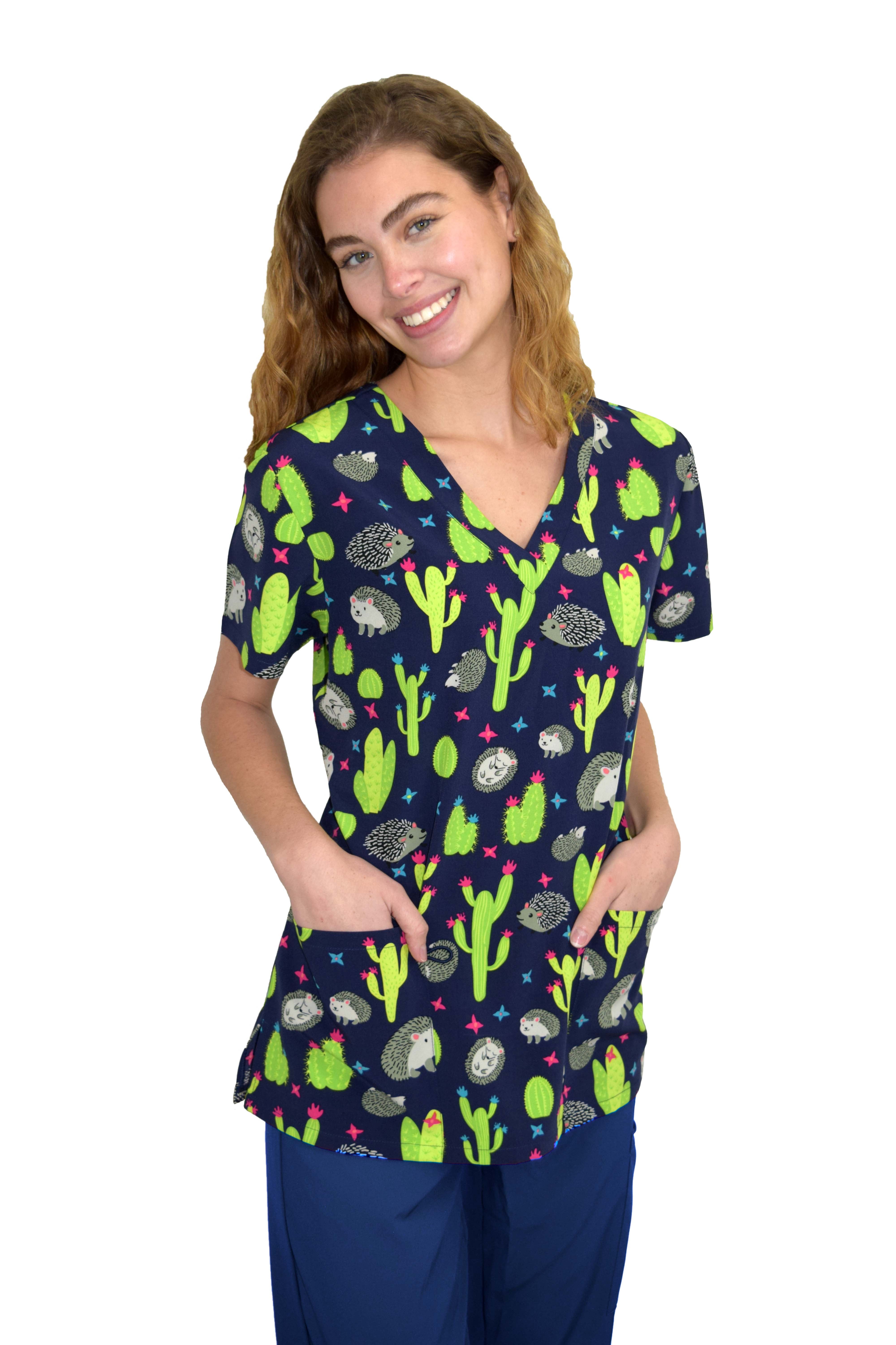 Womens Medical Nursing Print Scrub Uniform Top GT Performance-Prickly Friends-Large