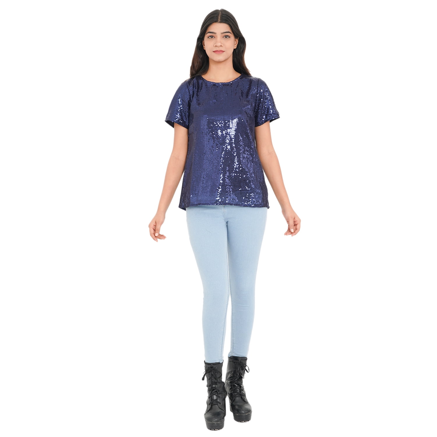 Shop LC TAMSY Blue Color Woven Inner Knitted Ladies Top Size 1X