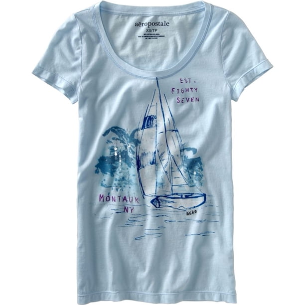 Aeropostale Montauk Ny - Camiseta con cuello ancho para mujer, color azul, grande