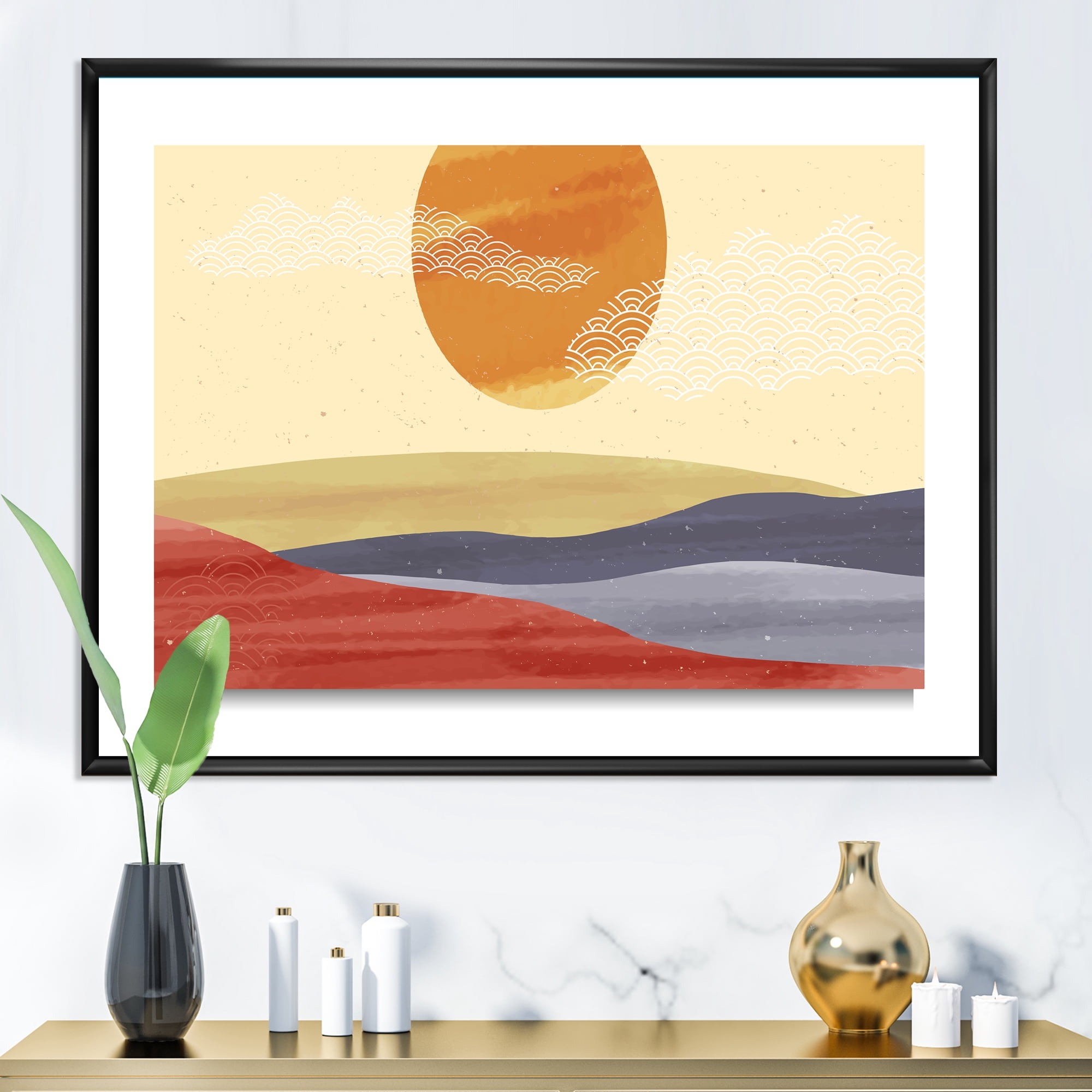 Designart 'Abstract Minimalistis Landscape Mountain & Moon' Modern Framed Canvas Wall Art Print
