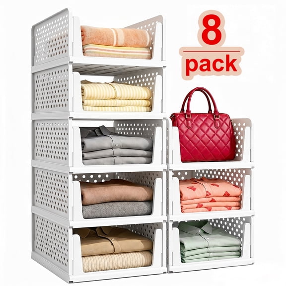 TAIMASI 8 Pack Stackable Closet Storage Basket, Multifunctional Foldable Closet Organizer for Kitchen Bathroom Laundry Room Wardrobe Storage, Space-Saving Clothes Storage Drawer Organizer, White