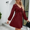 thumbnail image 5 of Elainilye Fashion Vacation Dresses for Women Long Sleeve Solid Color V-Neck Short Skirt Casual Dress,Red, 5 of 6