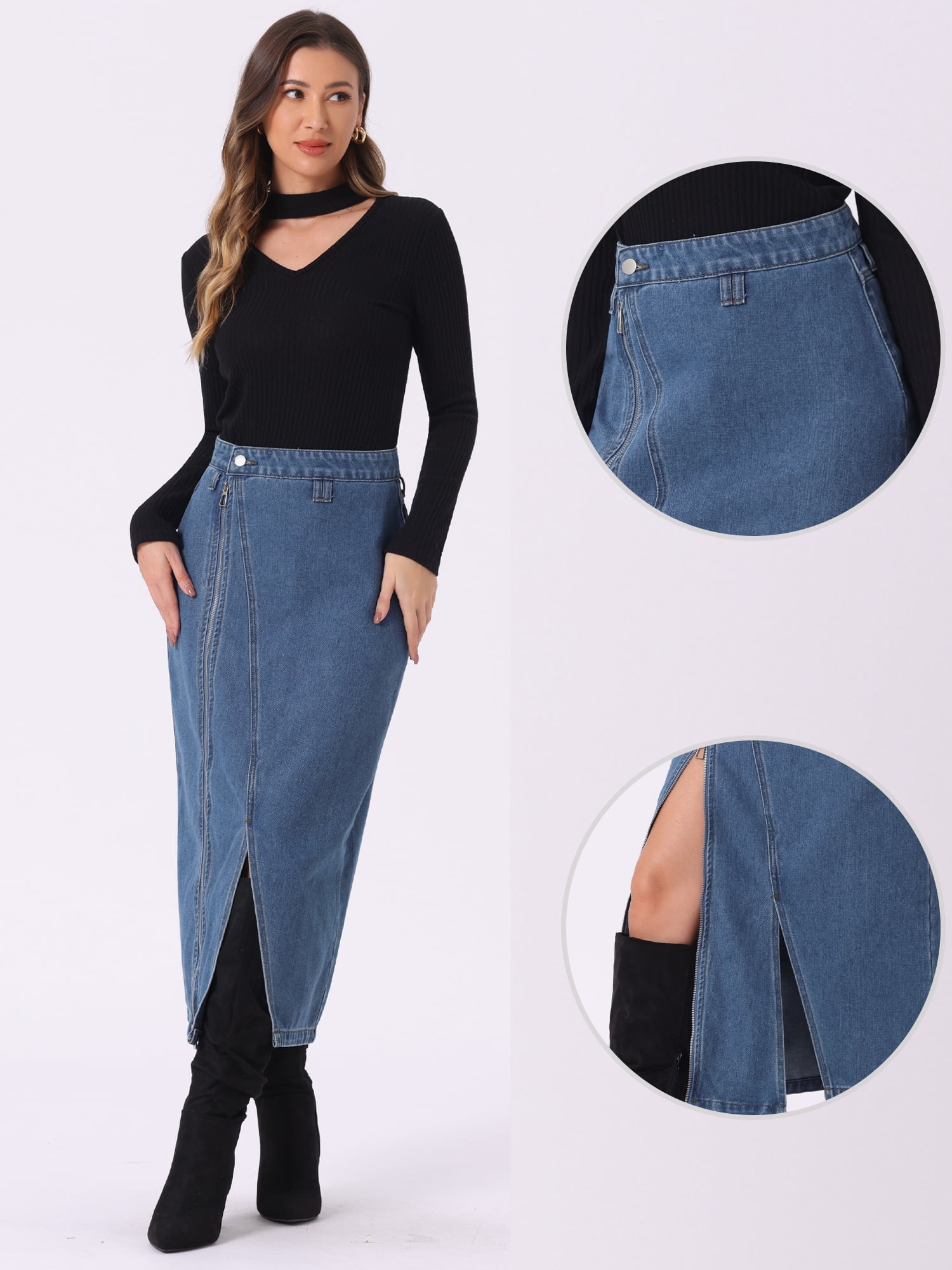 DARING DIVA Women Denim Zipper Front Split Long Jean Skirt with Pockets M Sky Blue