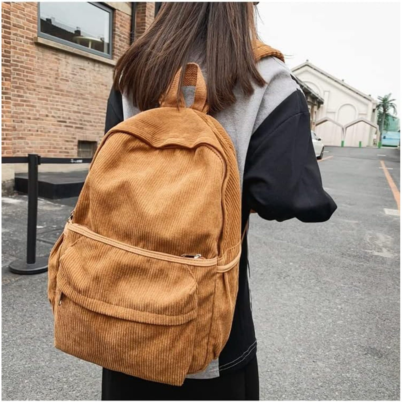 SQDWYGUO Preppy Corduroy Backpack Aesthetic Backpack 15.6 inch Laptop College Backpack Cute Book Bag Travel Rucksack Daypack,Brown
