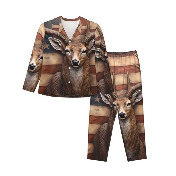 Fotbe Deer American Flag Wall Conjunto de Pijama de Manga Larga para Mujer con Estampado, Ropa de Dormir de 2 Piezas, Conjunto de Casa Suave y Cómodo con Bolsillos-Medium